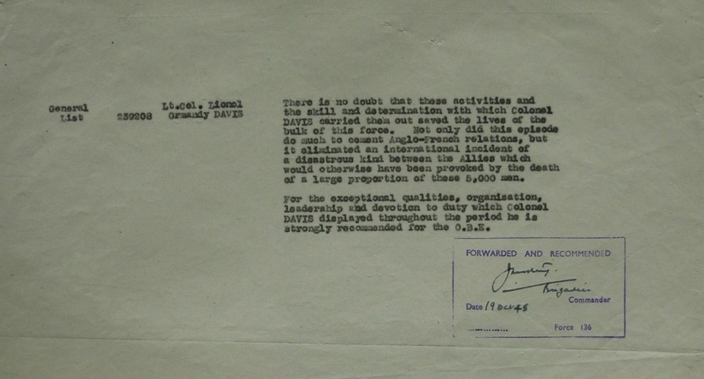 Citation for Lionel Davis’ award of the OBE for his work on Operation Waldorf. Catalogue Reference: HS 9/403/6.