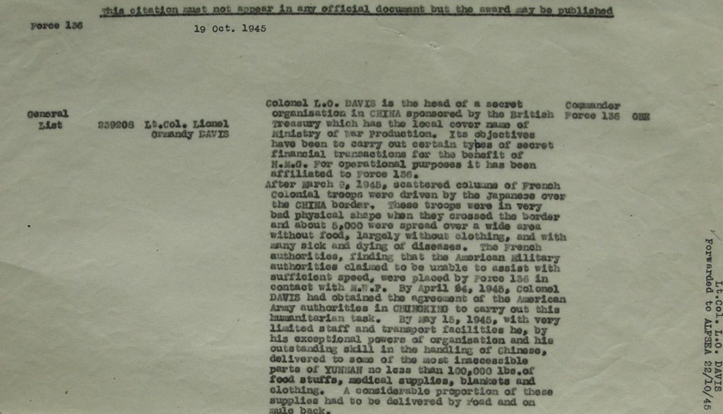 Citation for Lionel Davis’ award of the OBE for his work on Operation Waldorf. Catalogue reference: HS 9/403/6. 